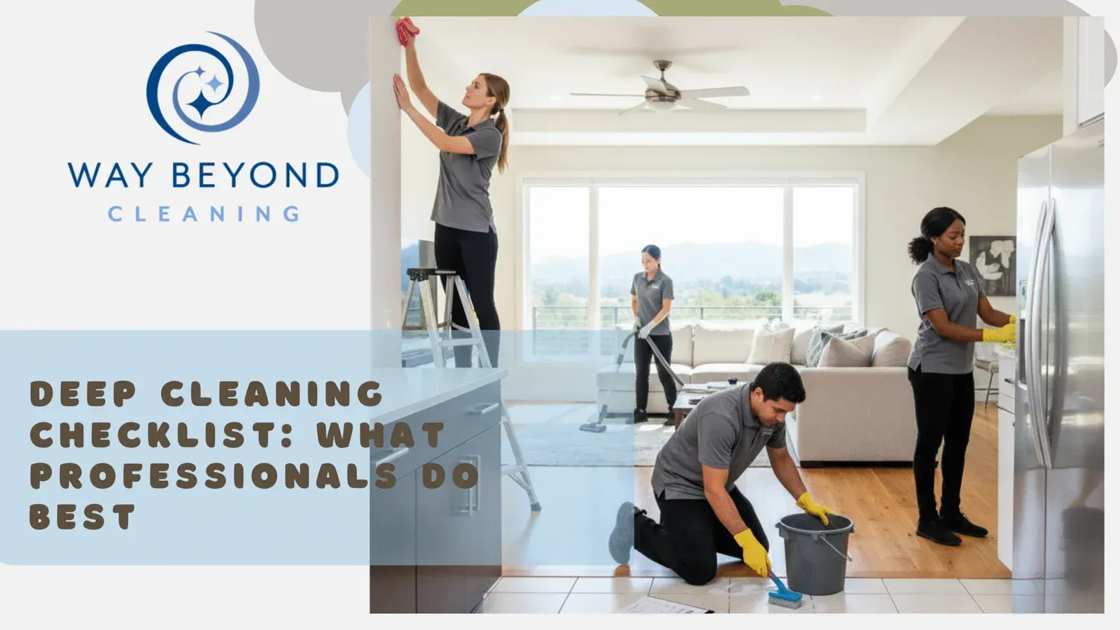 Professionals cleaning a bright, spacious home. Includes window cleaning, floor mopping, and dusting. 