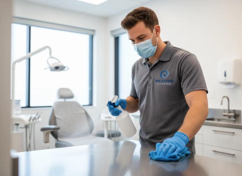 Man in mask and gloves disinfecting a dental office countertop.