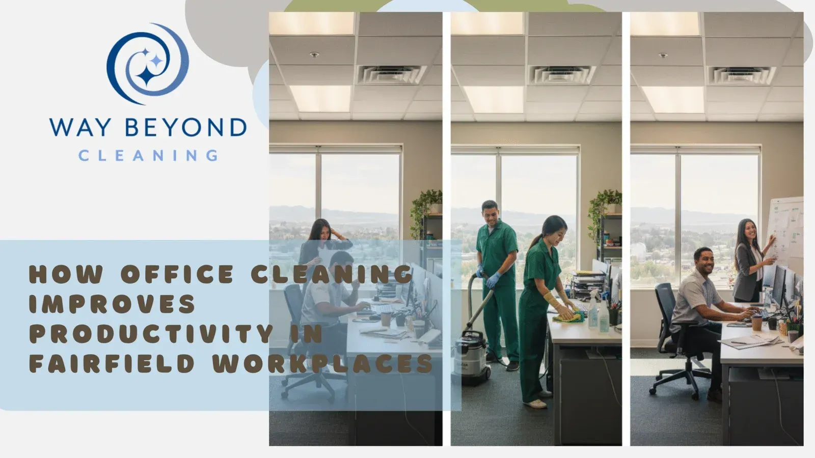 Office cleaning service advertisement showing cleaning staff, clean office and employees working.