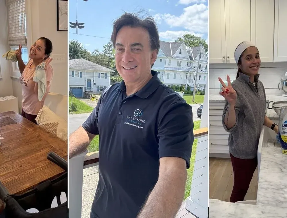 Three people: cleaning a table, standing on a porch, and cleaning in a kitchen.