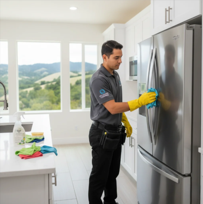 Person in blue gloves sanitizing a door handle with spray bottle and cloth in office setting.
