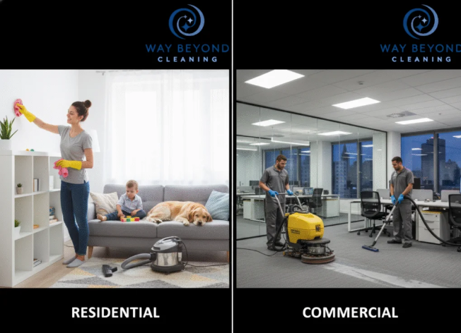 Person in blue gloves sanitizing a door handle with spray bottle and cloth in office setting.