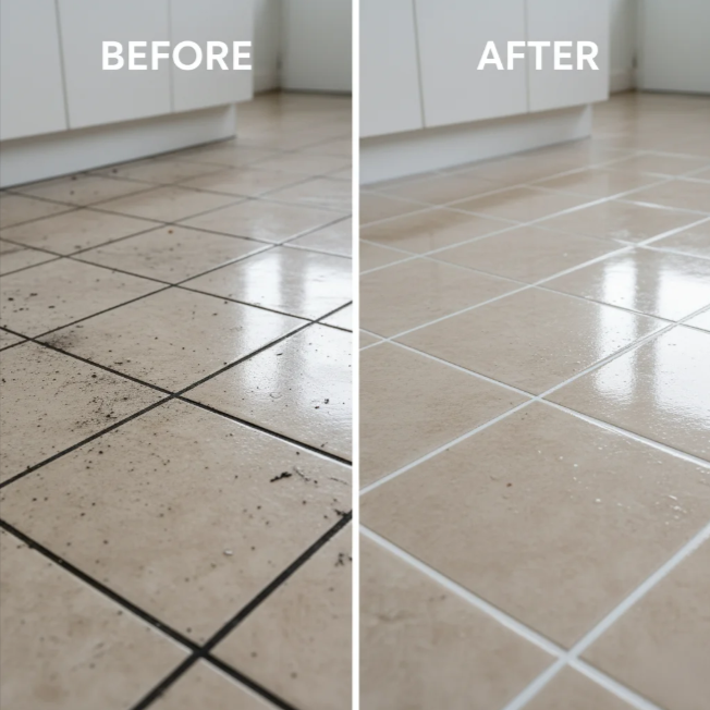 Cleaning supplies set: bucket, mop, spray bottles, brush, soap, on a counter by a window.