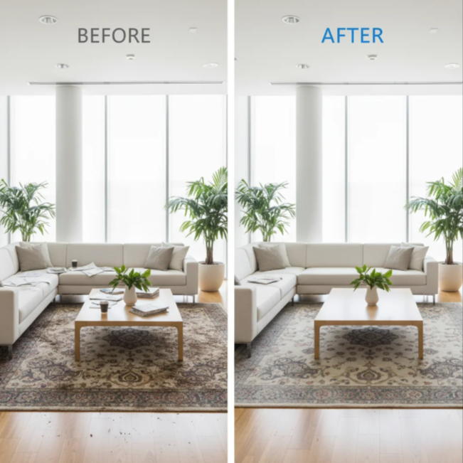 Man in mask and gloves disinfecting a dental office countertop.