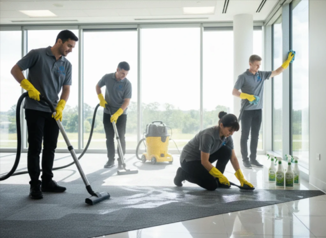 Cleaning supplies set: bucket, mop, spray bottles, brush, soap, on a counter by a window.