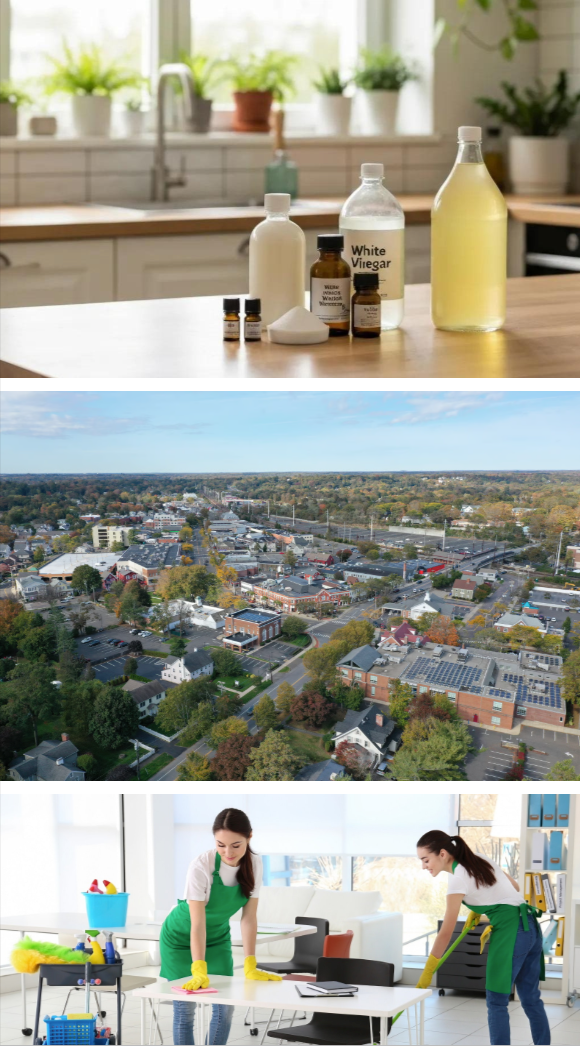 Person in blue gloves sanitizing a door handle with spray bottle and cloth in office setting.