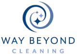 Logo of a cleaning service, “Way Beyond Cleaning.” Blue spiral design with sparkling shapes. Text in blue.