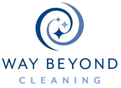 Logo of a cleaning service, “Way Beyond Cleaning.” Blue spiral design with sparkling shapes. Text in blue.
