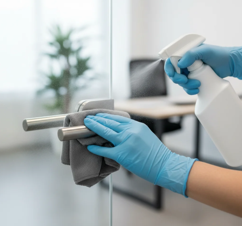 Person in blue gloves sanitizing a door handle with spray bottle and cloth in office setting.