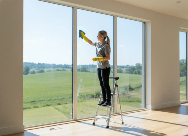 Cleaning supplies set: bucket, mop, spray bottles, brush, soap, on a counter by a window.