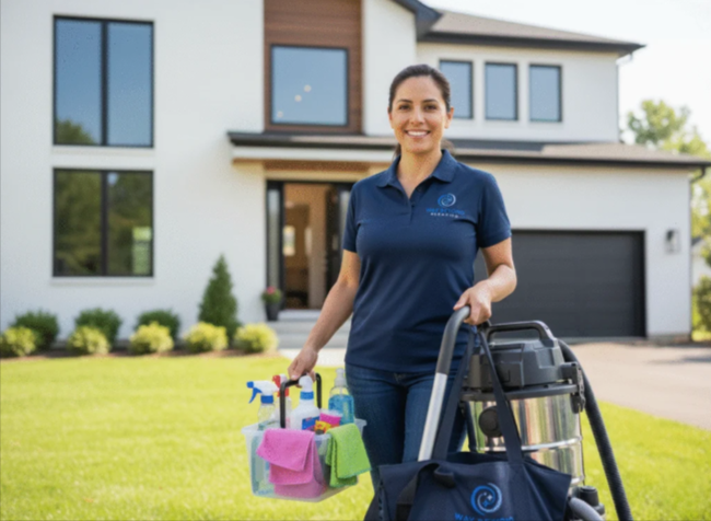 Person in blue gloves sanitizing a door handle with spray bottle and cloth in office setting.