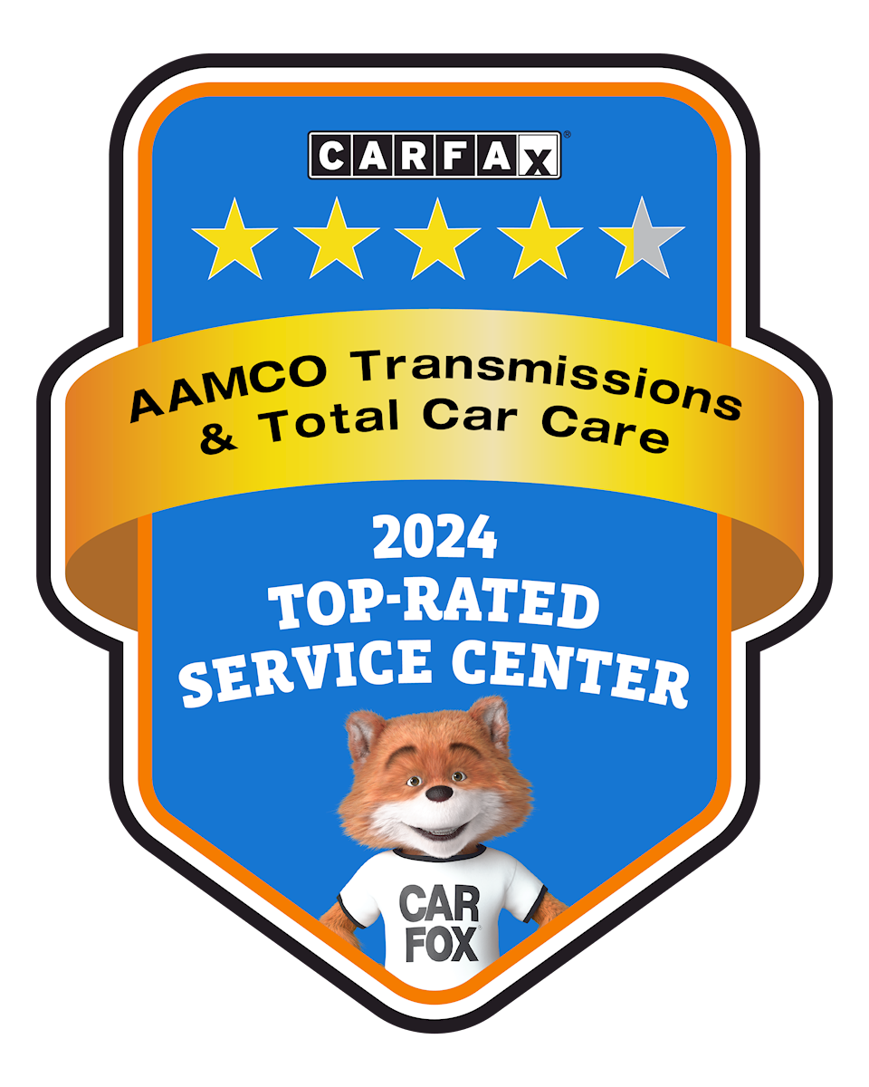 CARFAX 2024 Top-Rated Service Center badge for AMCO Transmissions & Total Car Care, with Car Fox mascot and stars