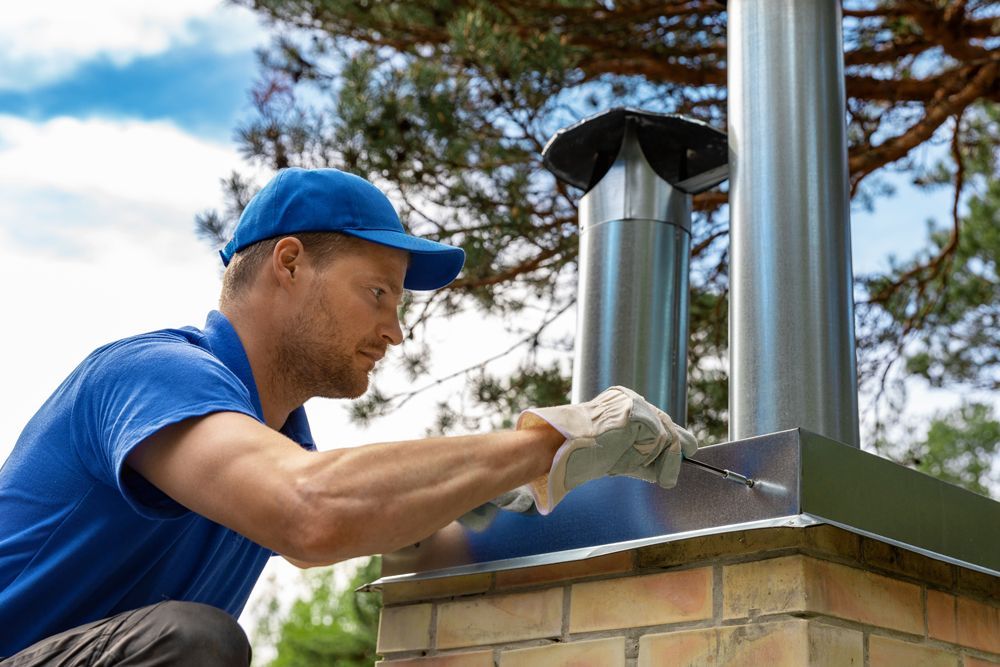 Man in blue shirt and cap repairs metal chimney cap on a brick chimney outdoors.