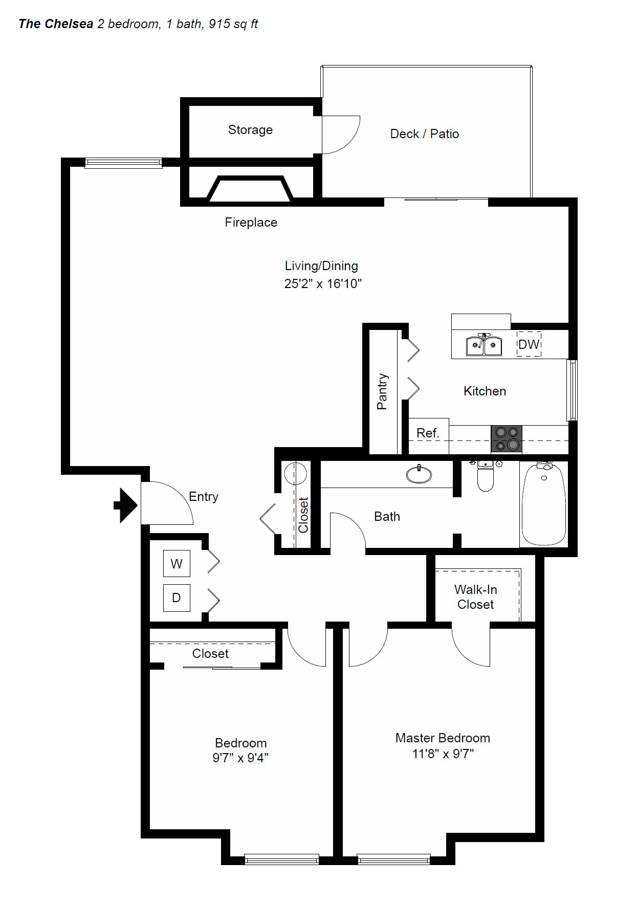 The Chelsea 2 bedroom, 1 bath, 915 sq ft