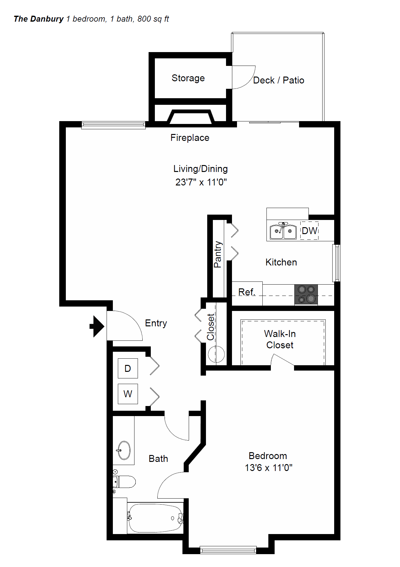 The Danbury 1 bedroom, 1 bath, 800 sq ft