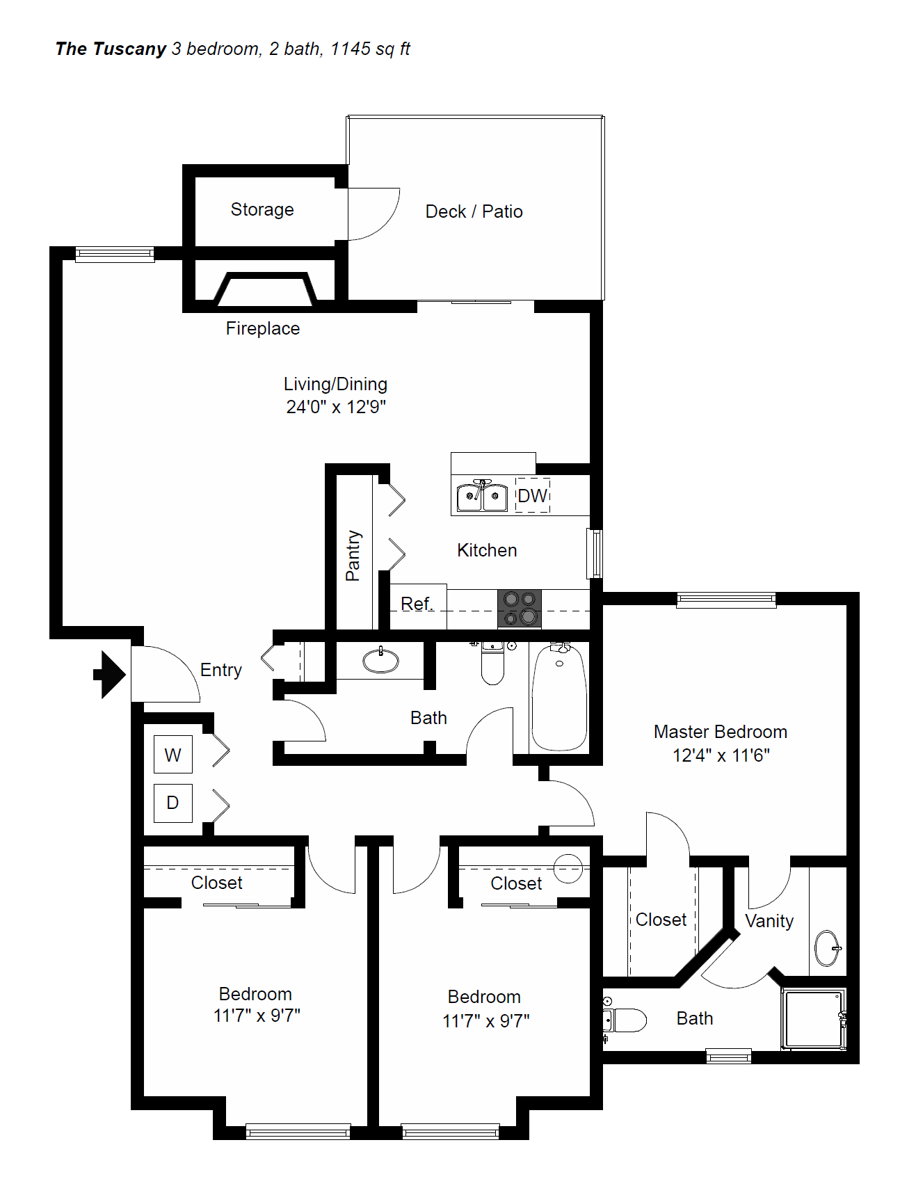 The Tuscany 3 bedroom, 2 bath, 1145 sq ft