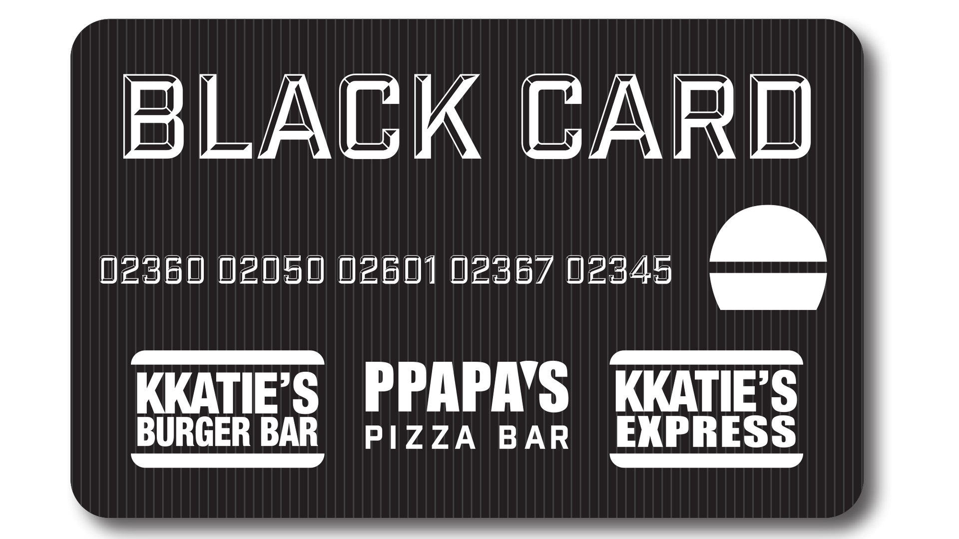 Black Card for Katie's Burger Bar, PPapa's Pizza Bar, and Katie's Express. Black Card with a burger image.