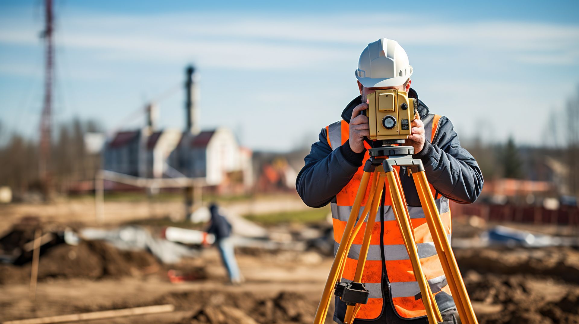Surveying worker using a tripod-mounted level at an outdoor construction site.