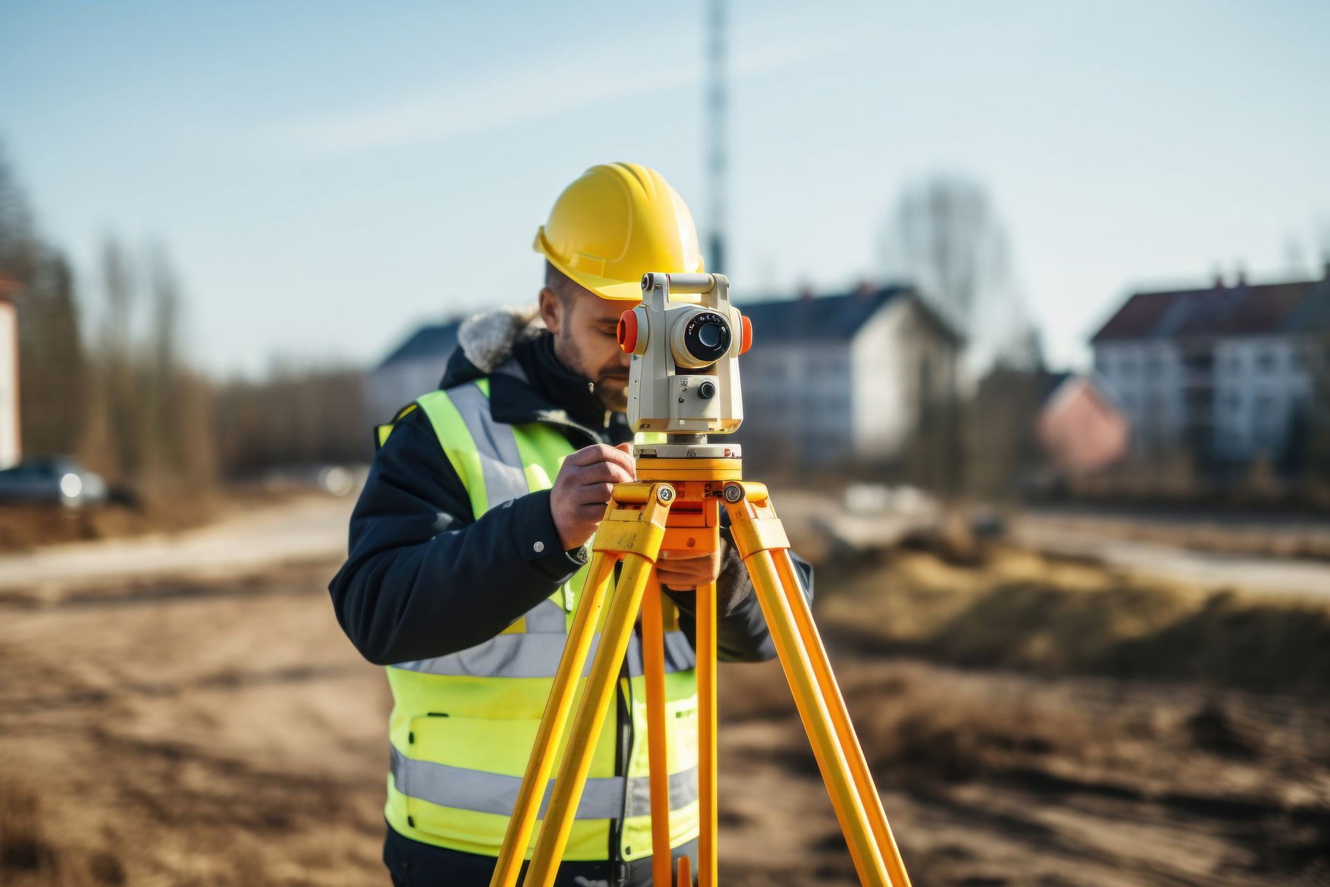 Surveying worker using a tripod-mounted level at an outdoor construction site.