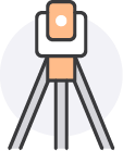 Orange and white surveying instrument on a gray tripod, outlined in black, against a pale gray circle.