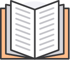 Open book, pages spread with lines of text, in an orange and grey cover.
