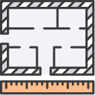 Floor plan icon showing a building layout with two rooms, with a ruler below.