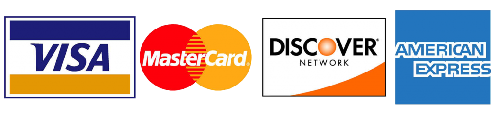 Logos for Visa, Mastercard, Discover, and American Express credit cards.