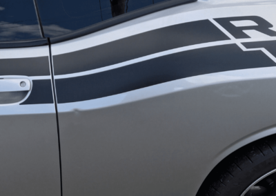 Silver car door with black and white racing stripe, 