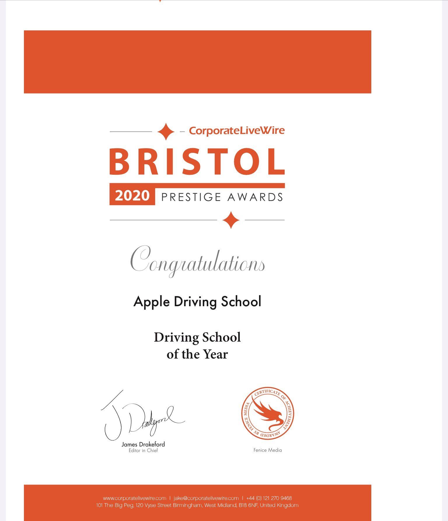 Bristol 2020 prestige awards for apple driving school  winning driving school of the year