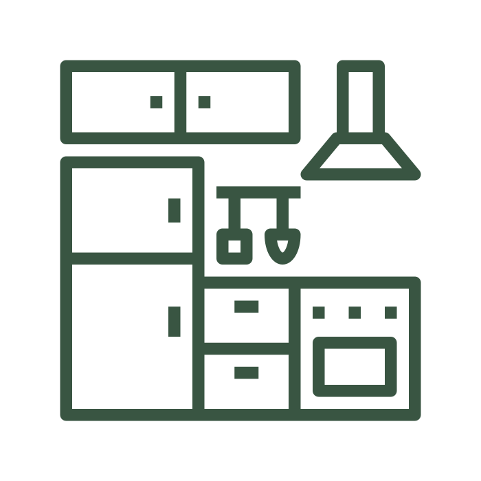 Green line art illustration of a kitchen with cabinets, refrigerator, stove, and range hood.
