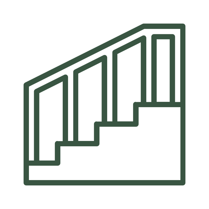Green line drawing of stairs with a railing.