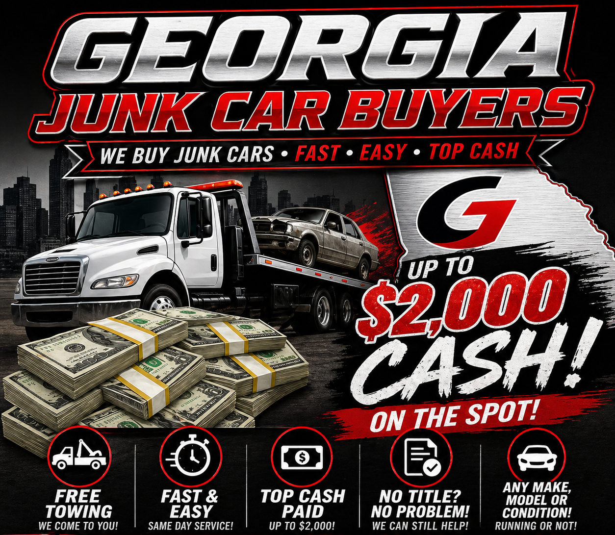 Georgia Junk Car Buyers — Up to $2,000 Cash on the Spot, Free Towing, Same-Day Service. Call or text 678-949-4036.