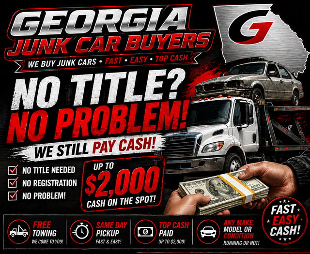 No Title? No Problem! Georgia Junk Car Buyers pays up to $2,000 cash on the spot — free towing, same-day pickup.
