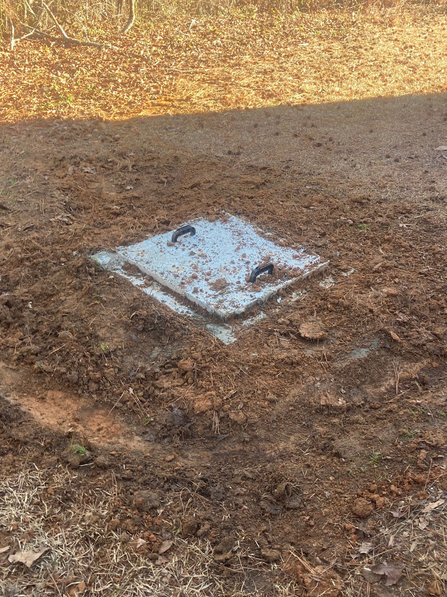 A manhole cover is sitting in the middle of a dirt field.