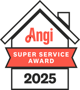 Angi Super Service Award badge, red and white, with 