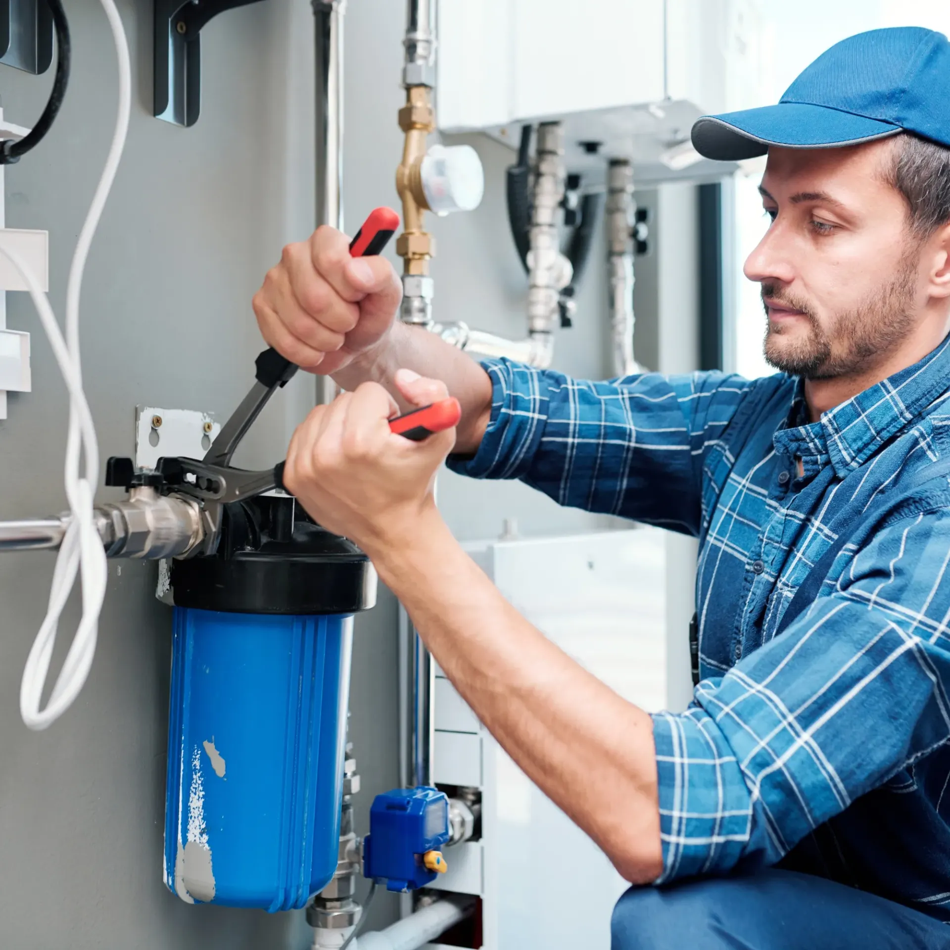 Replacementzone Plumbing -A man in a plaid shirt is working on a water filter