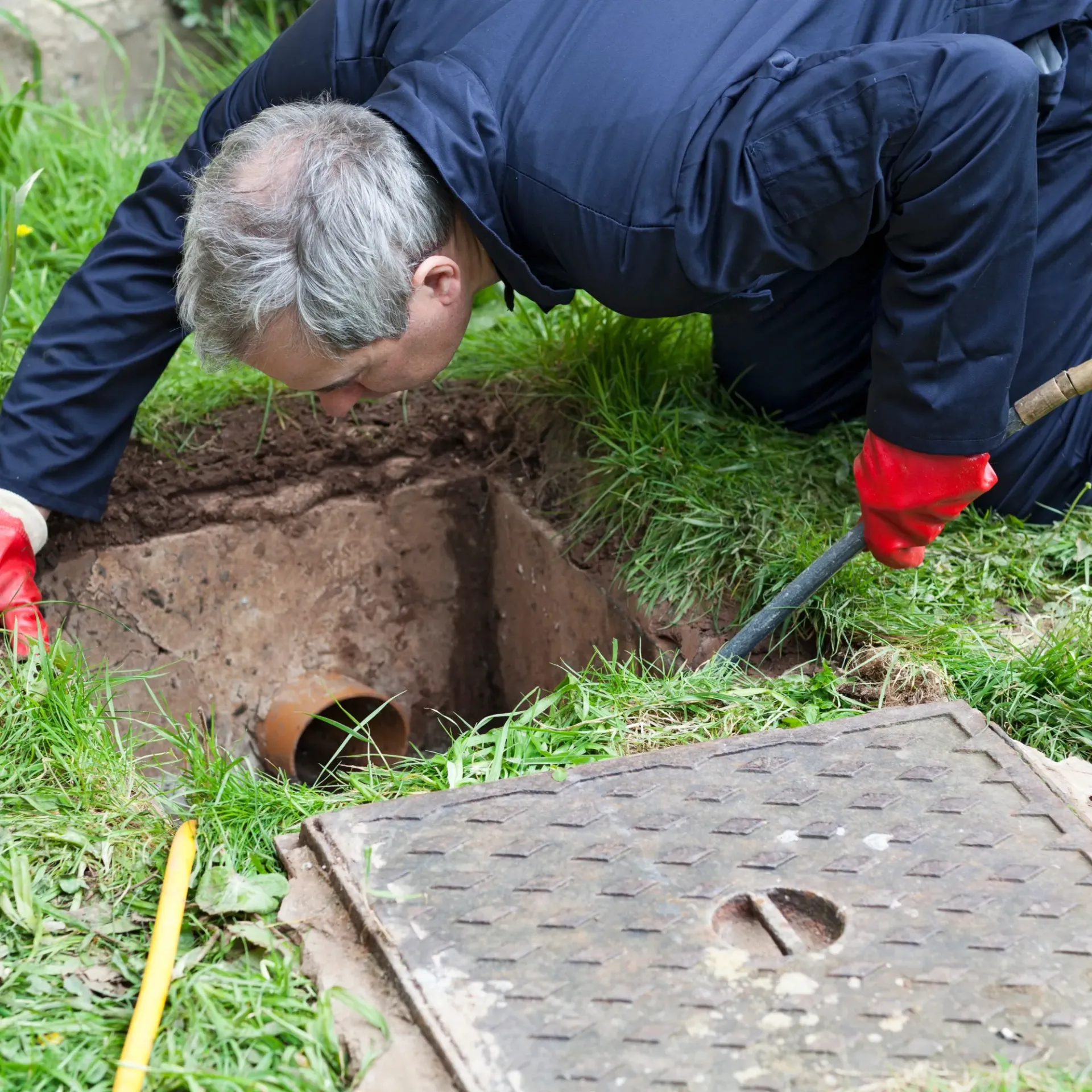Replacementzone Plumbing - A man is digging a hole in the ground with a shovel.