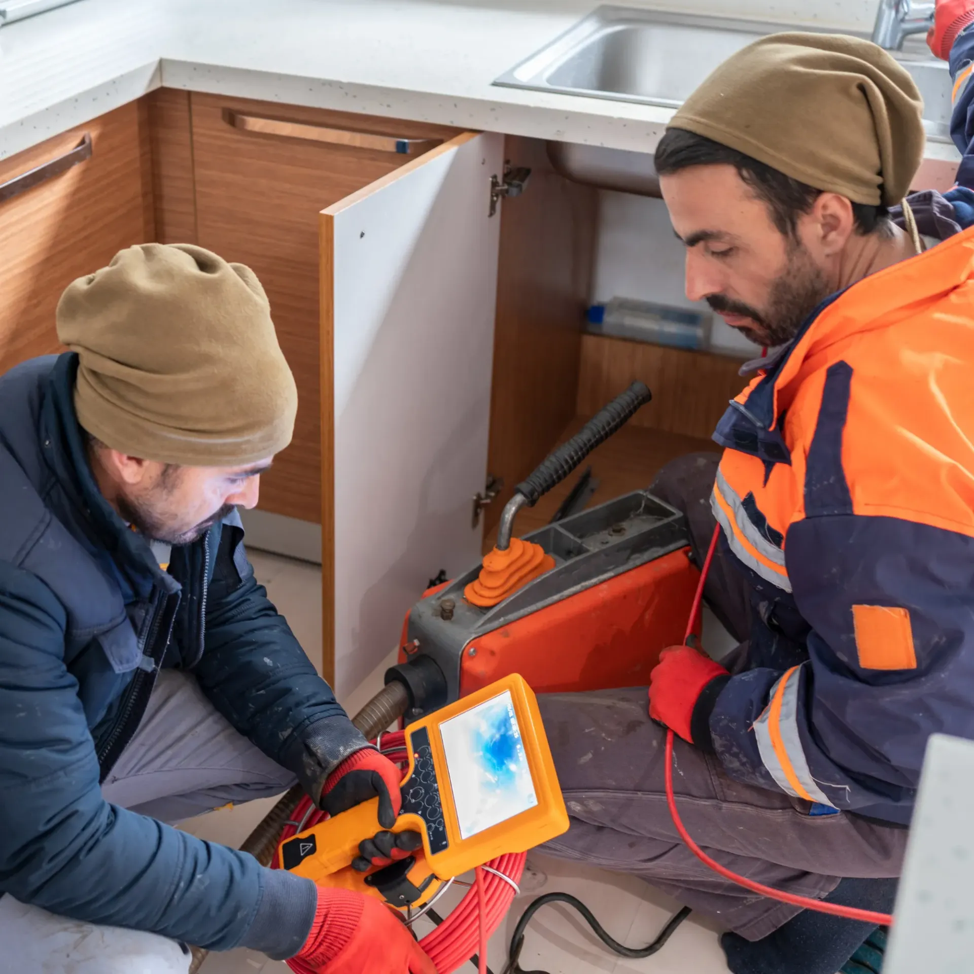Replacementzone Plumbing - Two men are working on a drain in a kitchen