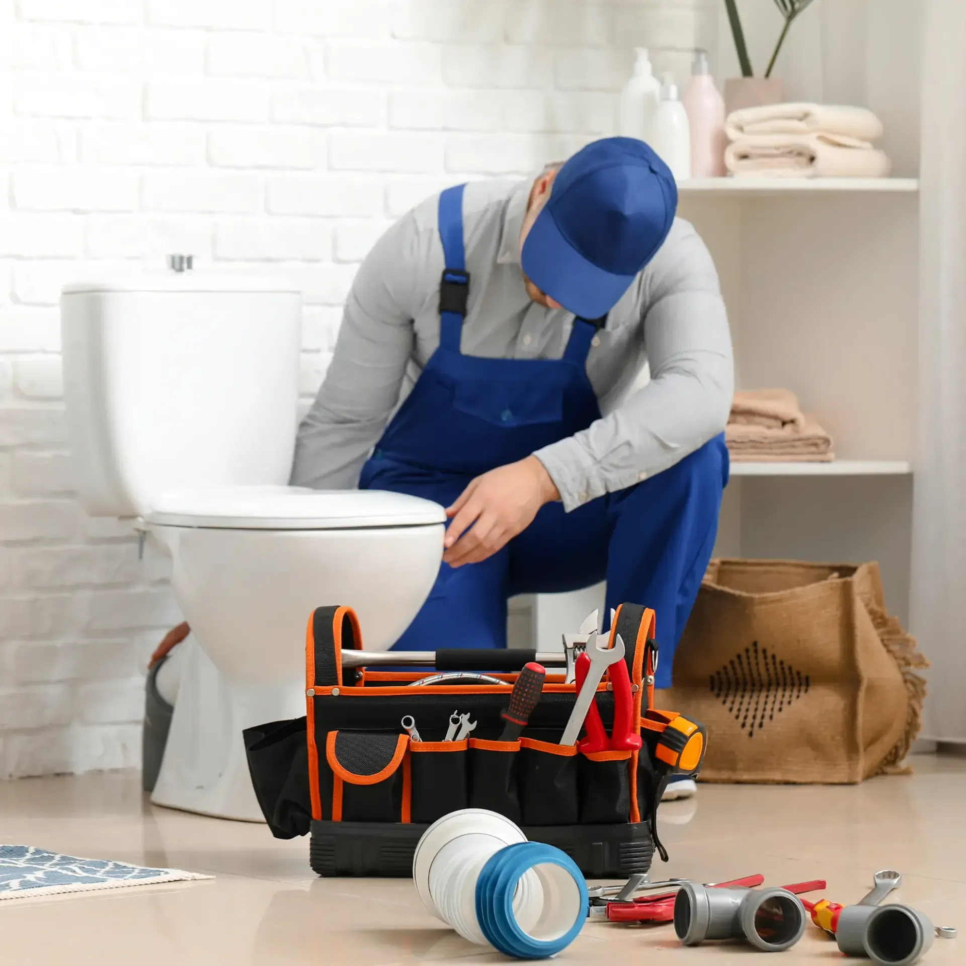 Replacementzone Plumbing -A plumber is fixing a toilet in a bathroom.