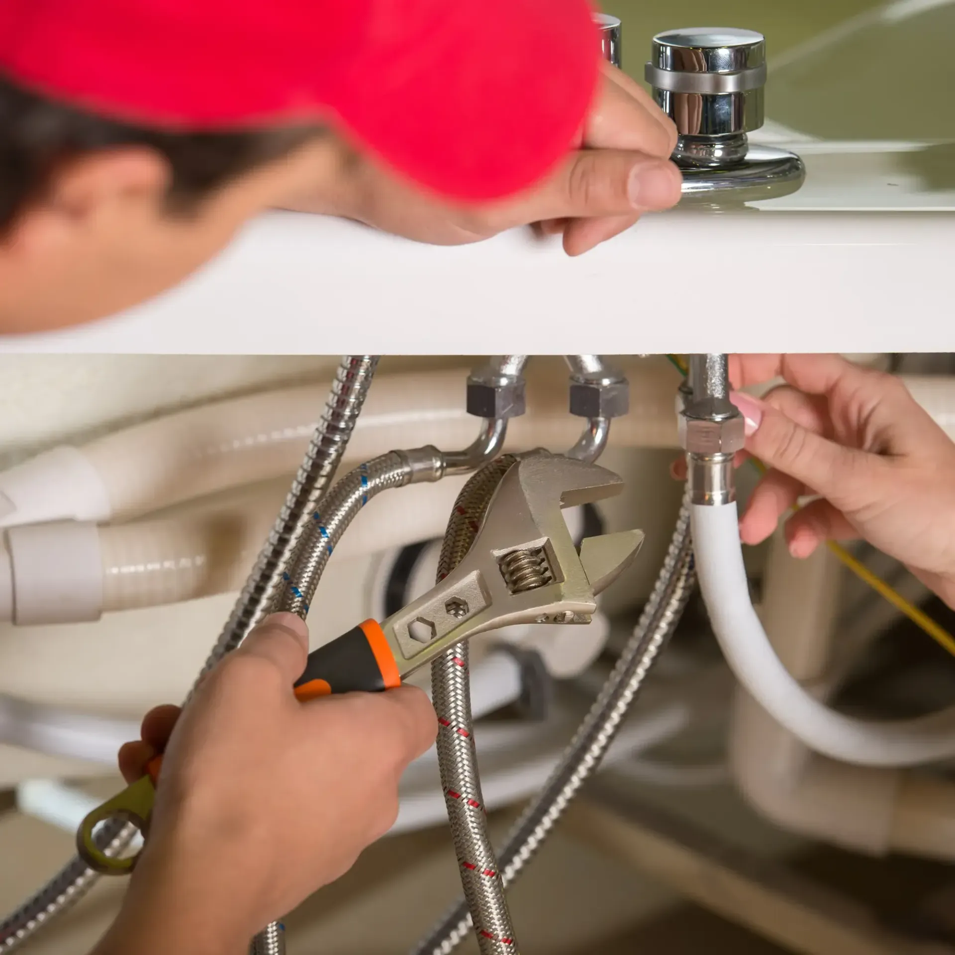 ReplacementZone Plumbing  - A man in a red hat is fixing a sink with a wrench.