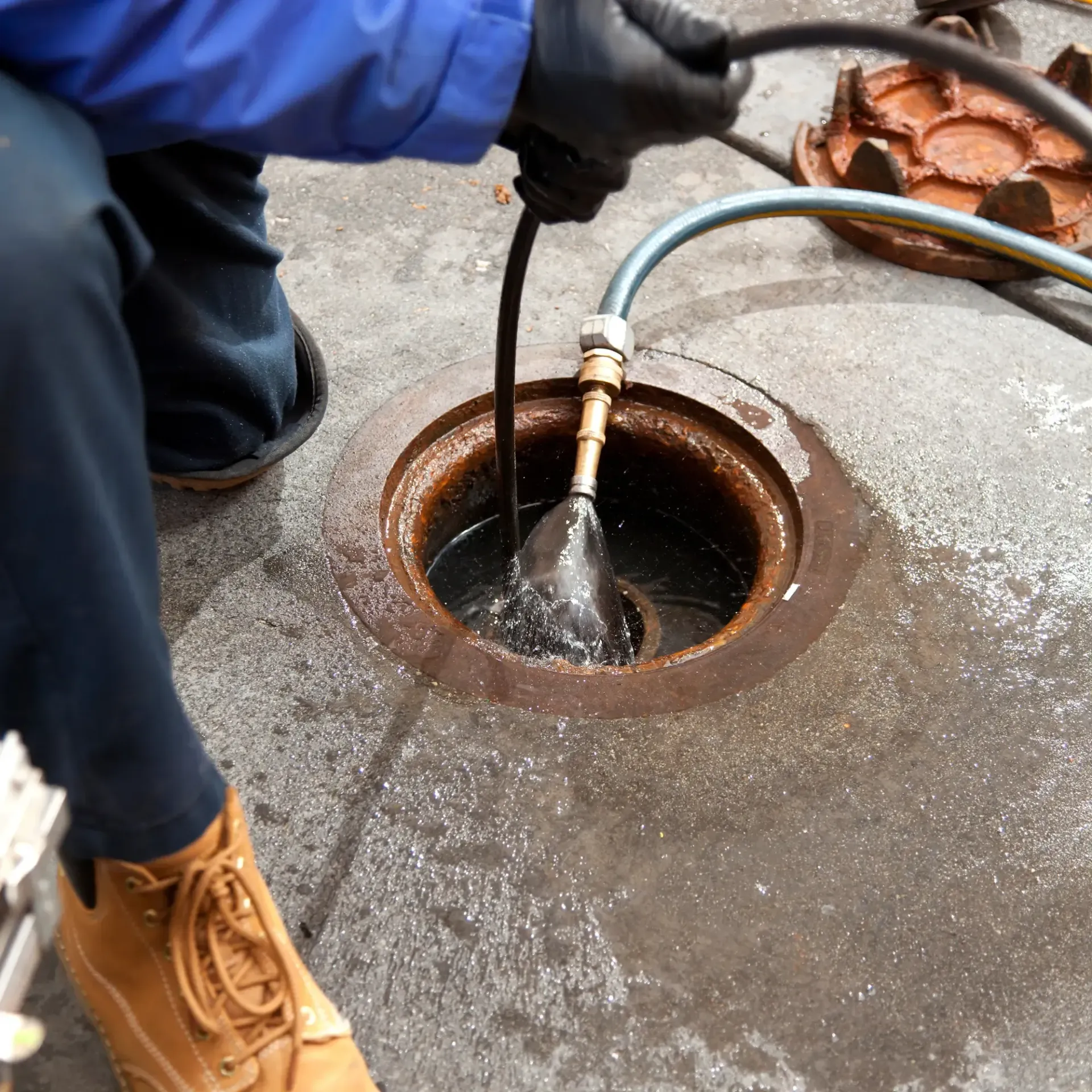 Replacementzone Plumbing  - A person is cleaning a manhole cover with a hose