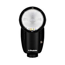 a close up of a profoto flash on a white background .