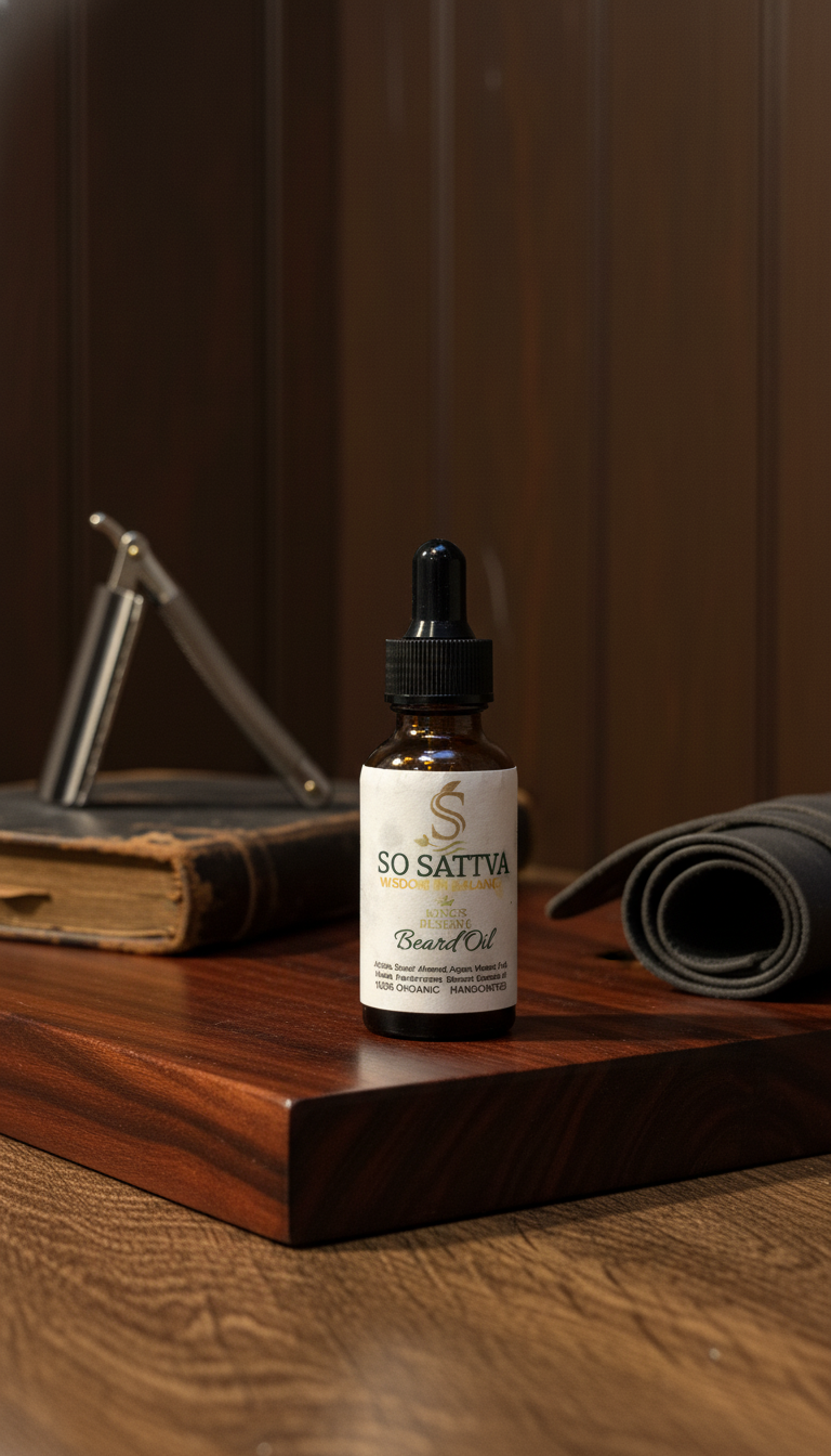 A dropper bottle of So Sativa Facial Oil sits on a wooden table beside a shaving brush and a grey towel.