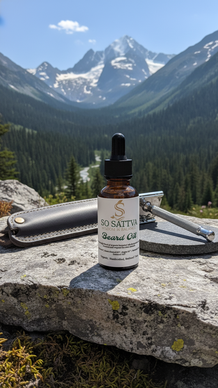 A bottle of Stratton shaving oil with a safety razor on a rocky outcrop, set against a backdrop of snow-capped mountains.