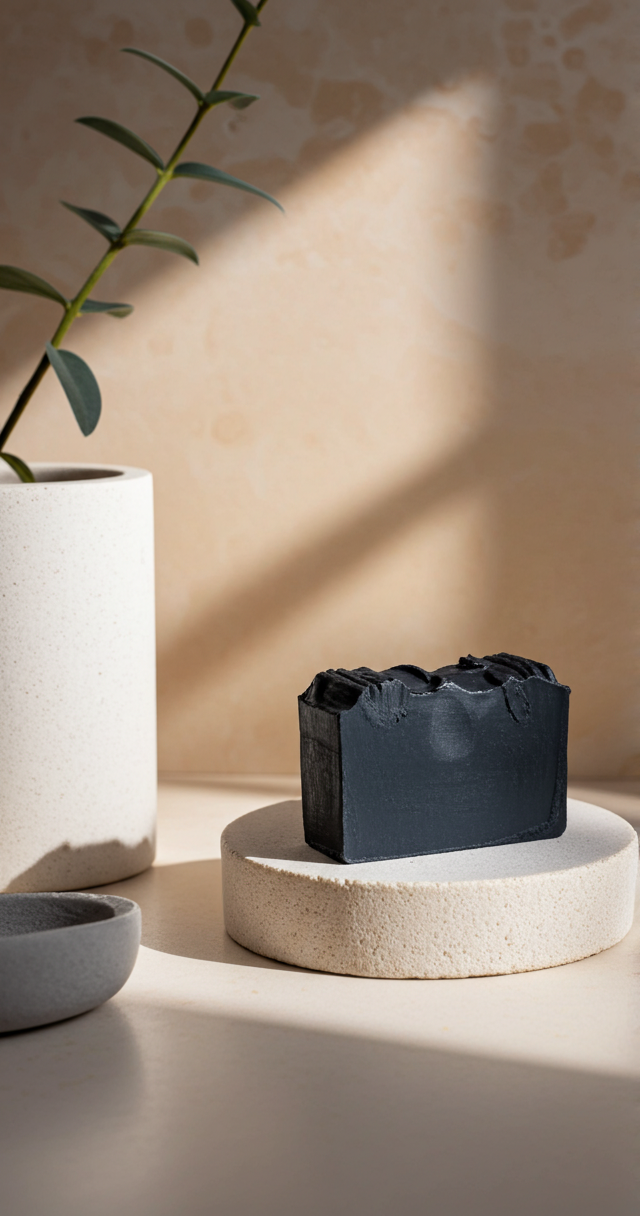 A rectangular black soap bar rests on a round stone pedestal next to a potted plant against a neutral beige wall.