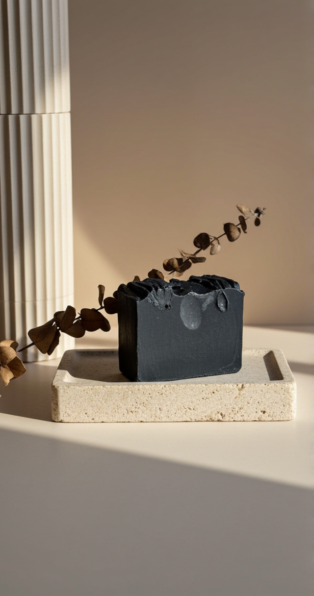 A rectangular black soap bar rests on a round stone pedestal next to a potted plant against a neutral beige wall.
