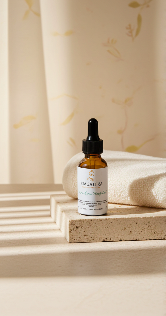 A small brown dropper bottle of skincare serum sits on a textured stone block against a soft, neutral-toned background.