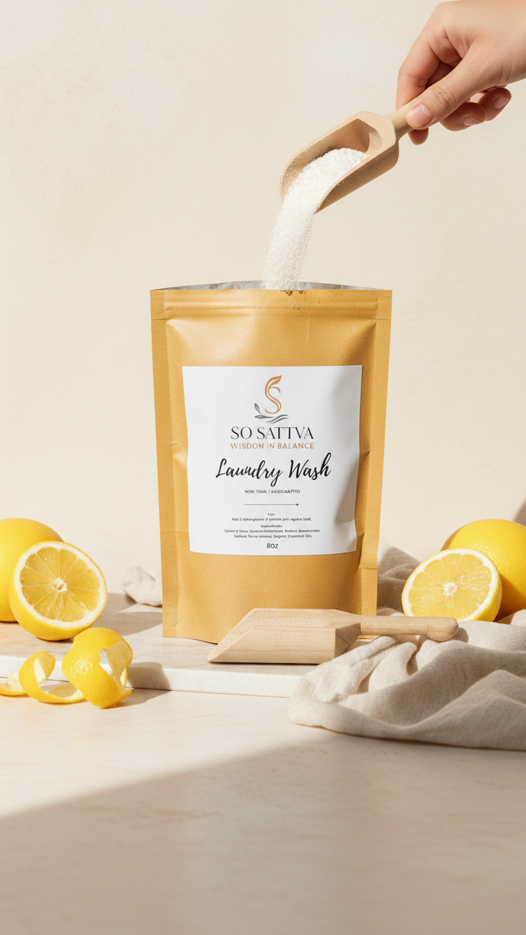 A hand pours white laundry powder from a wooden scoop into a beige pouch labeled 