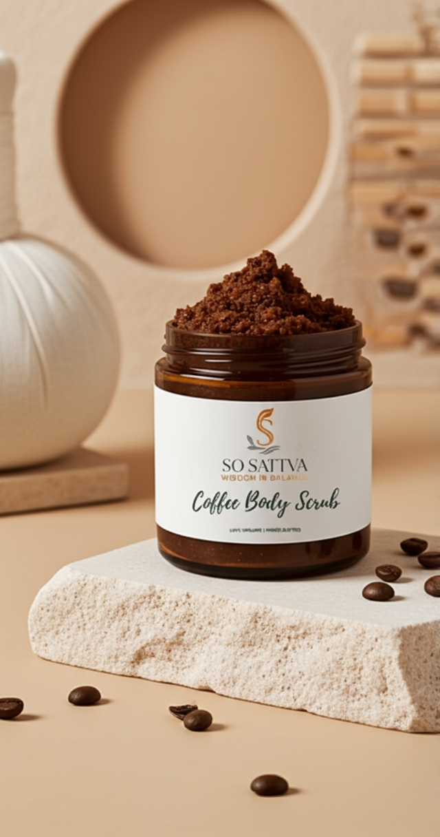 A jar of coffee body scrub with a mound of grounds on top, resting on a textured stone block with scattered coffee beans.
