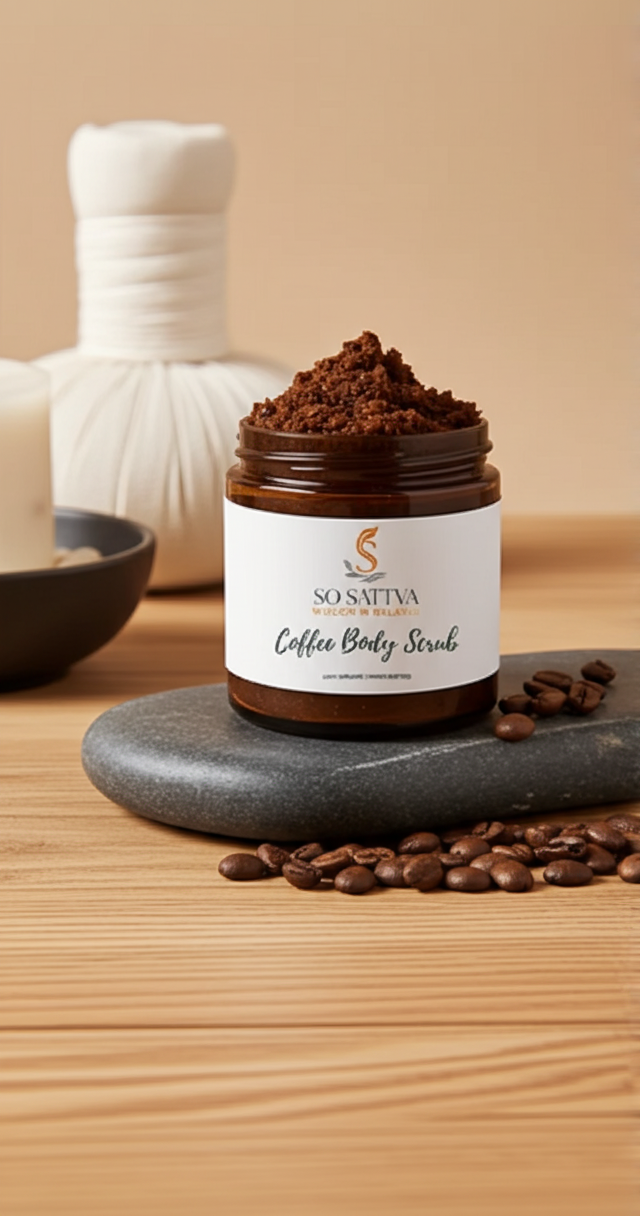 A jar of coffee body scrub with a mound of grounds on top, resting on a textured stone block with scattered coffee beans.